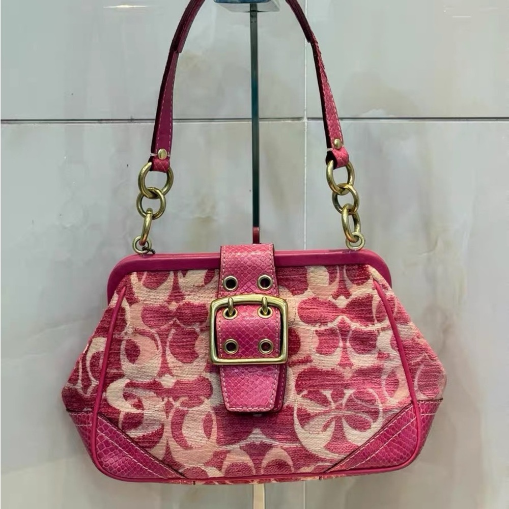 Coach Pink Signature Canvas Shoulder Bag with Buckle Detail
